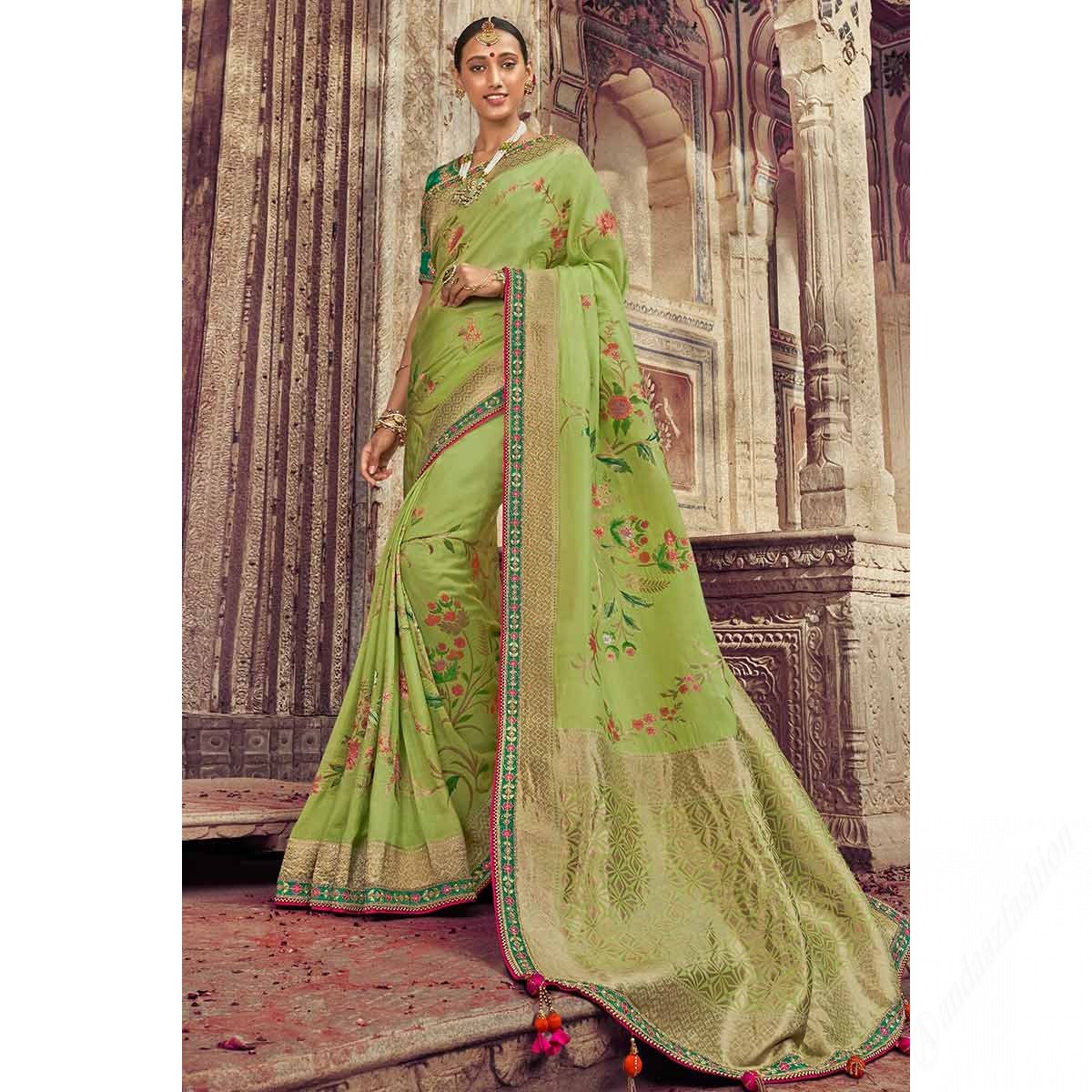 Light Green Silk Saree With Banglori Silk Blouse