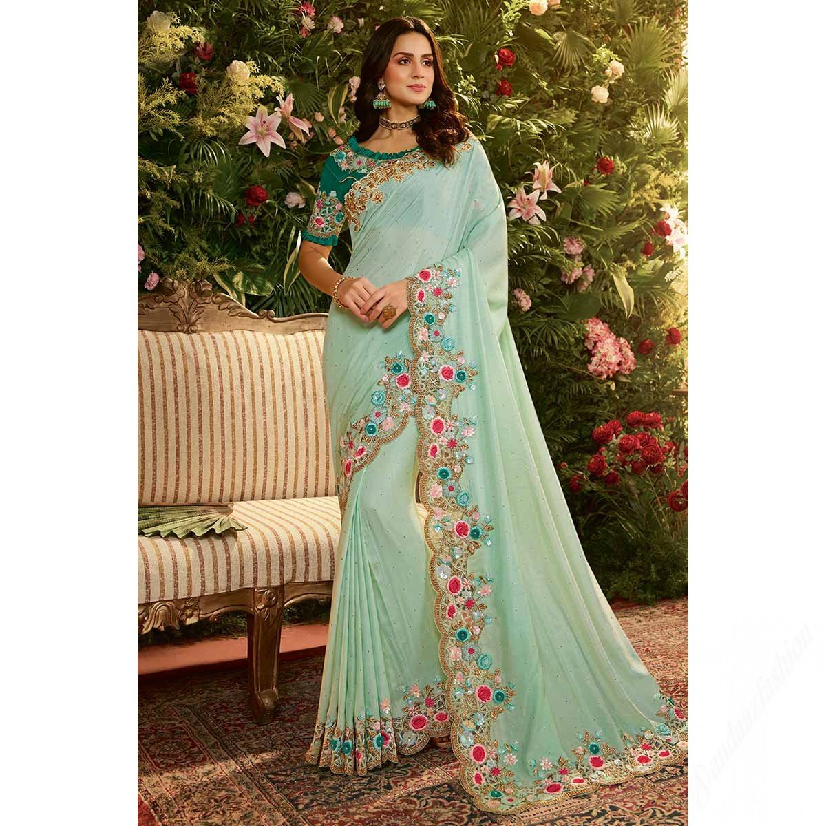 Light Mint Green Silk Saree With Raw Silk Blouse