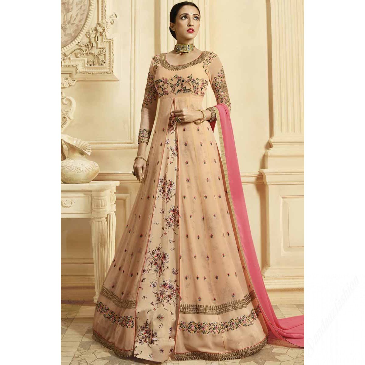 Resham Embroidered Georgette Light Peach Anarkali Suit