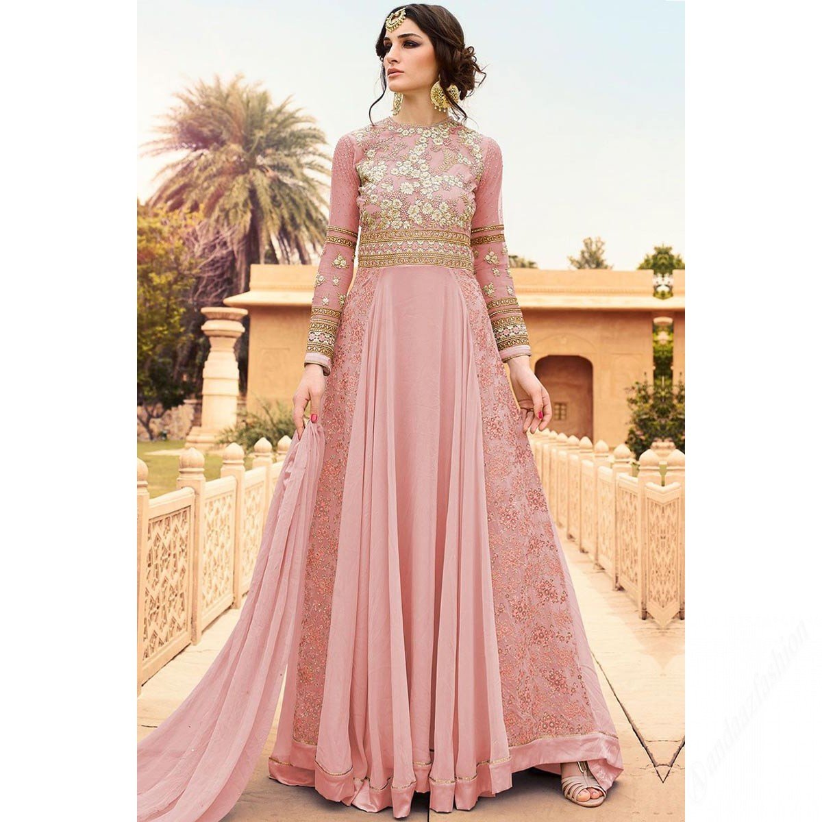 Dusty Pink Georgette Anarkali Suit With Zari Work