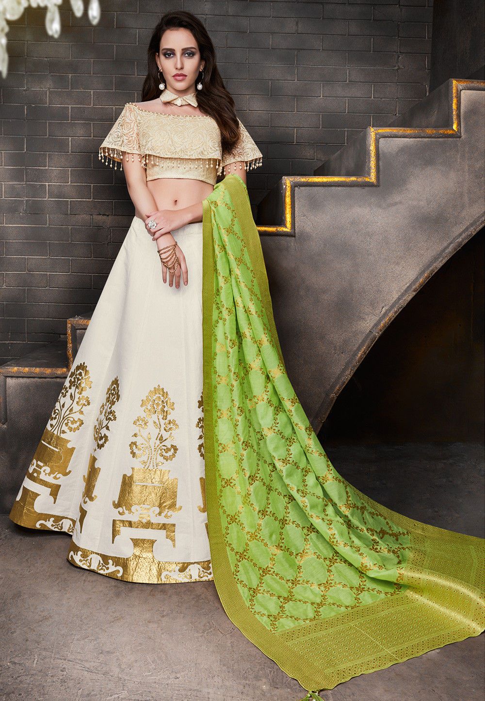 Embroidered Art Silk Circular Lehenga in Off White