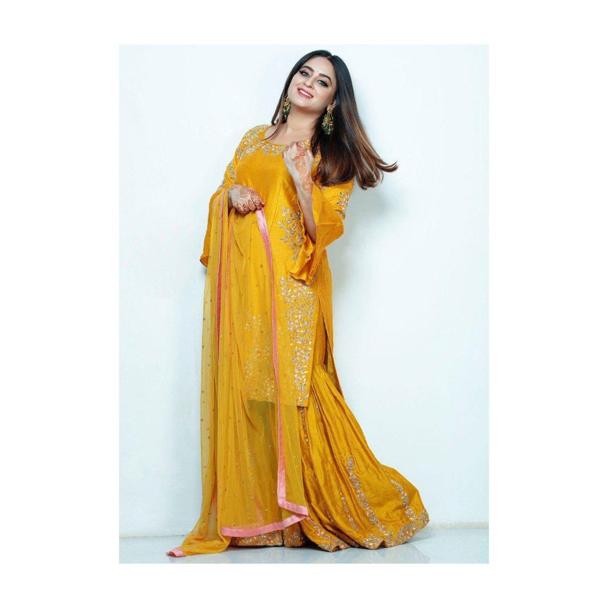 Mahi Vij In Mustard Yellow Sharara Suit With Floral Embroidery