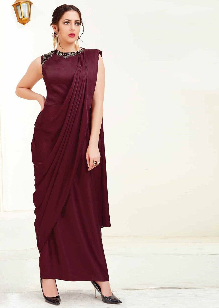 Maroon Gown In Crepe With Cowl Saree Drape