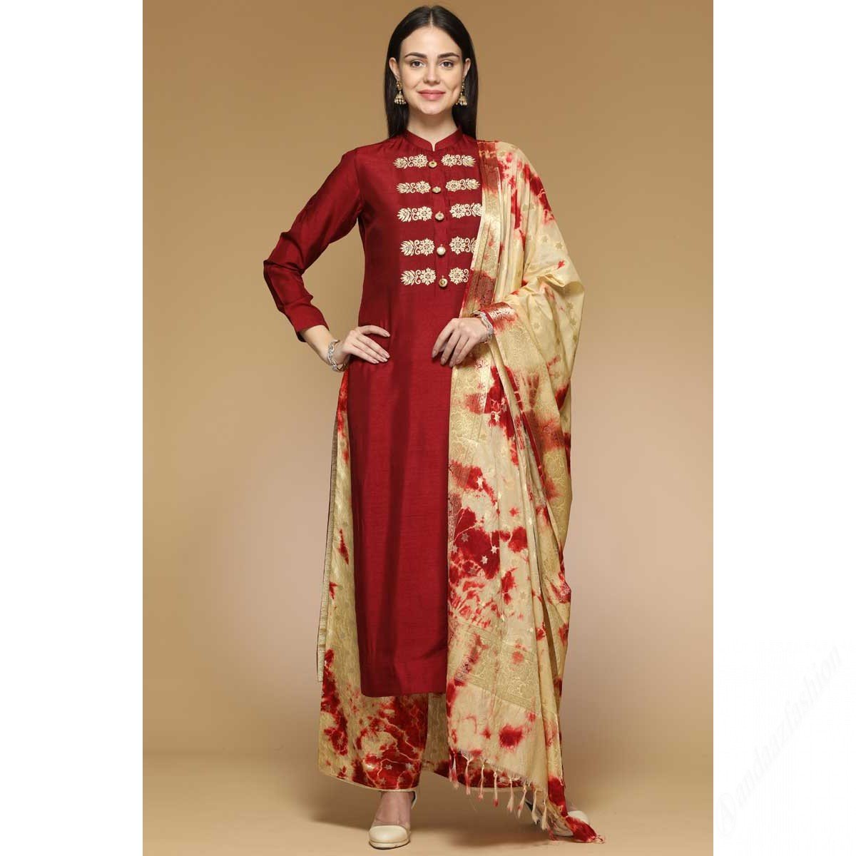 Maroon Silk Palazzo Pant Suit With Zari Work