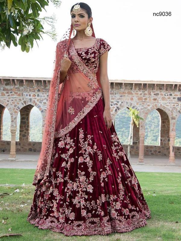 Maroon Silk Velvet Bollywood Bridal Lehenga Choli