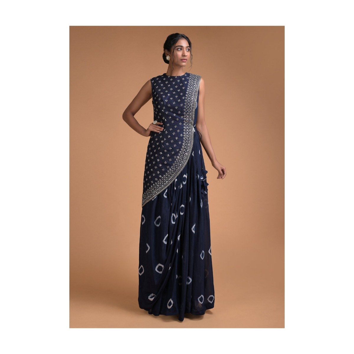 Blue Indowestern Gown With Tie Dye Printed Buttis And Mirror Embellished Half Jacket Online