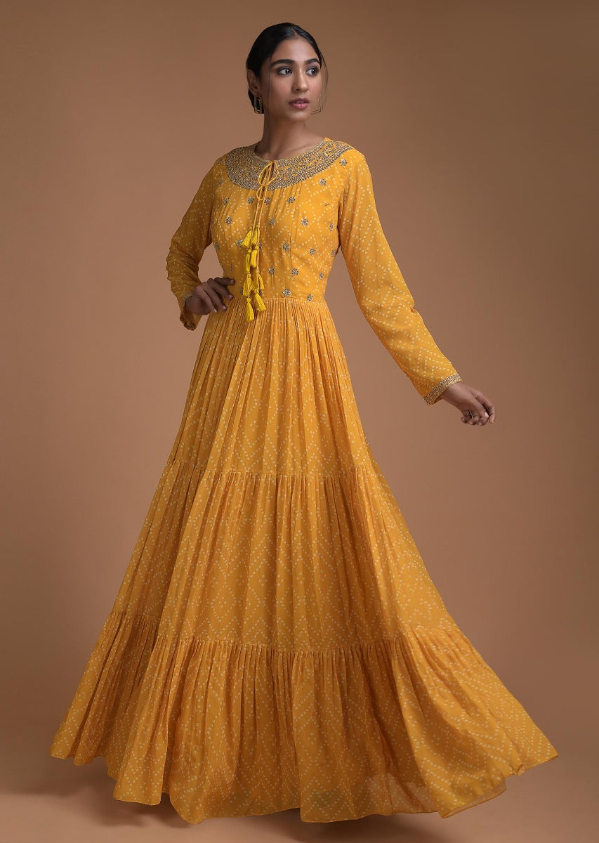 Mustard Yellow Indowestern Gown In Georgette With Bandhani Print