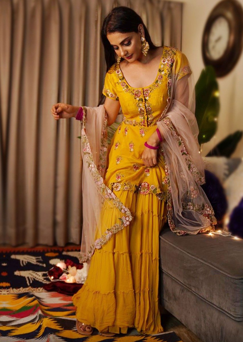 Mustard Yellow Sharara Suit In Raw Silk Hand Embroidered In Floral Pattern Online