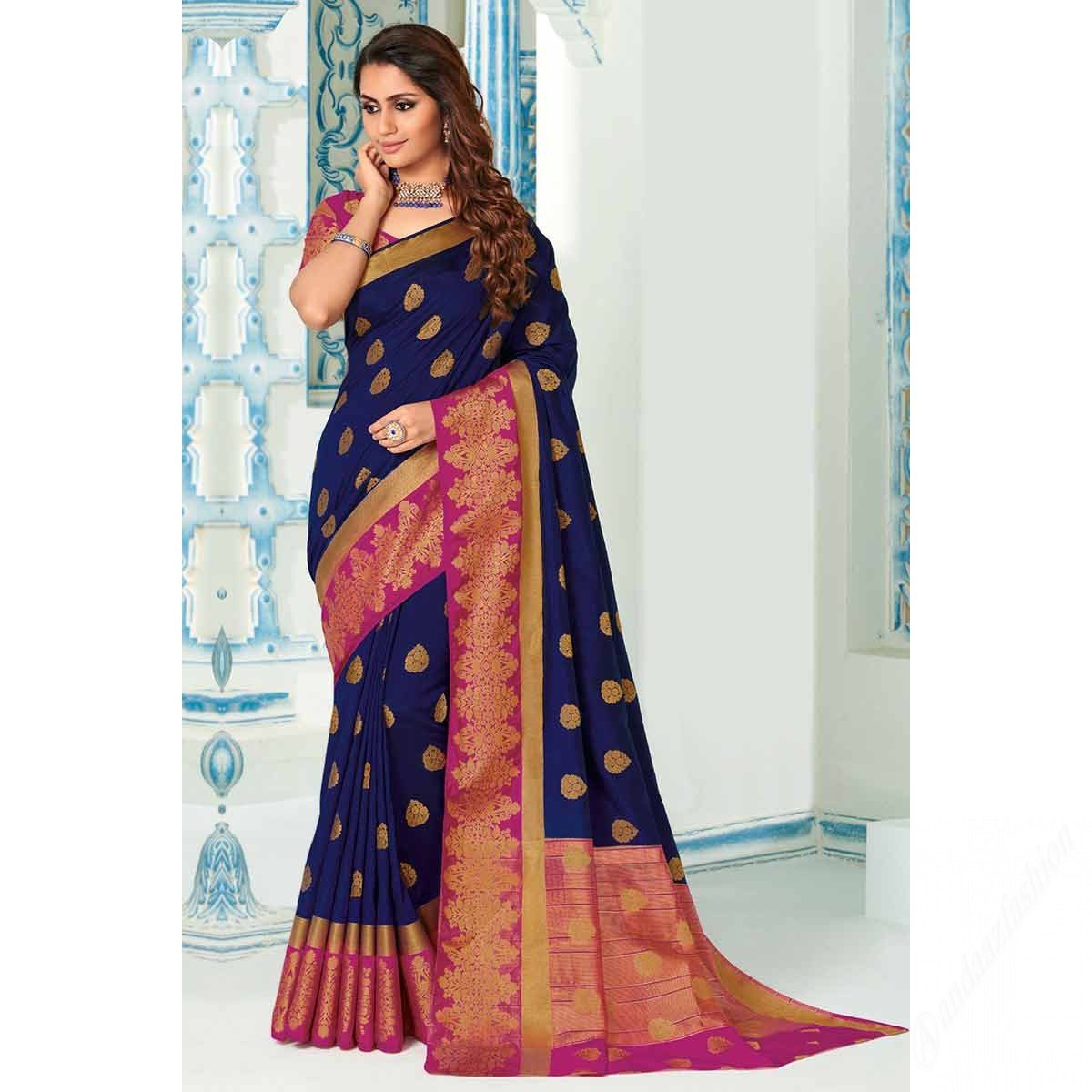 Navy Blue Art Silk Saree With Dark Magenta Blouse