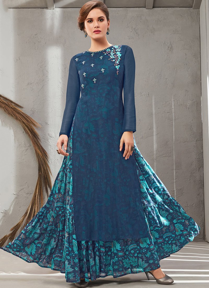 Navy Blue Embroidered Gown