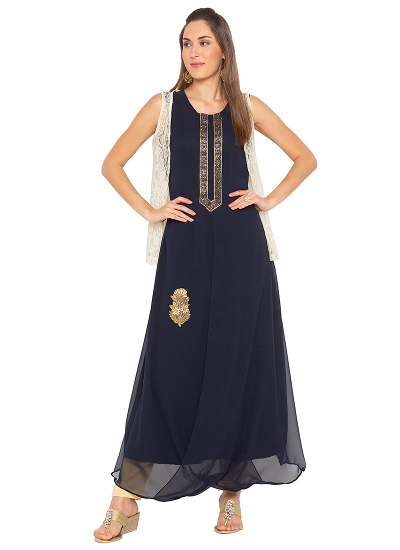 Navy Blue Embroidered Kurti