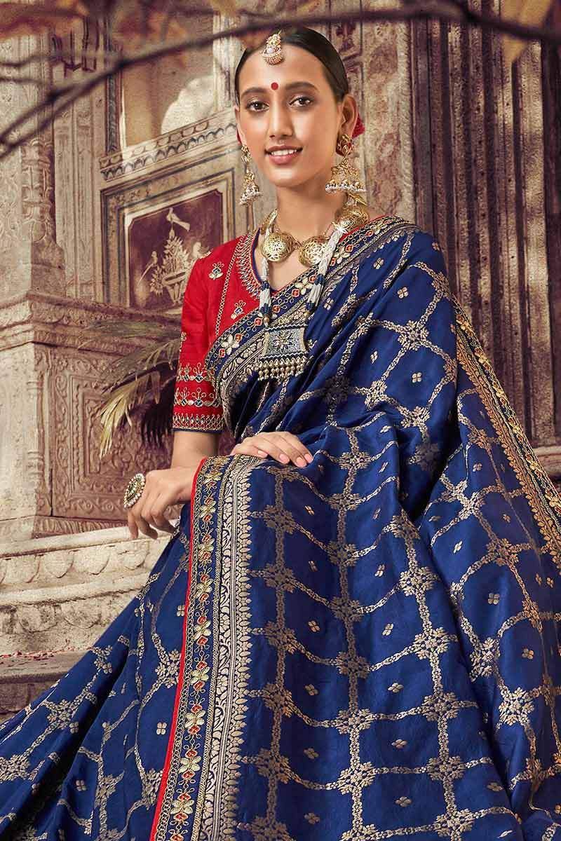 Navy Blue Silk Saree With Banglori Silk Blouse