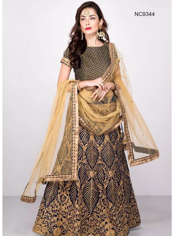 Navy Blue Silk & Velvet Bollywood Lehenga Choli