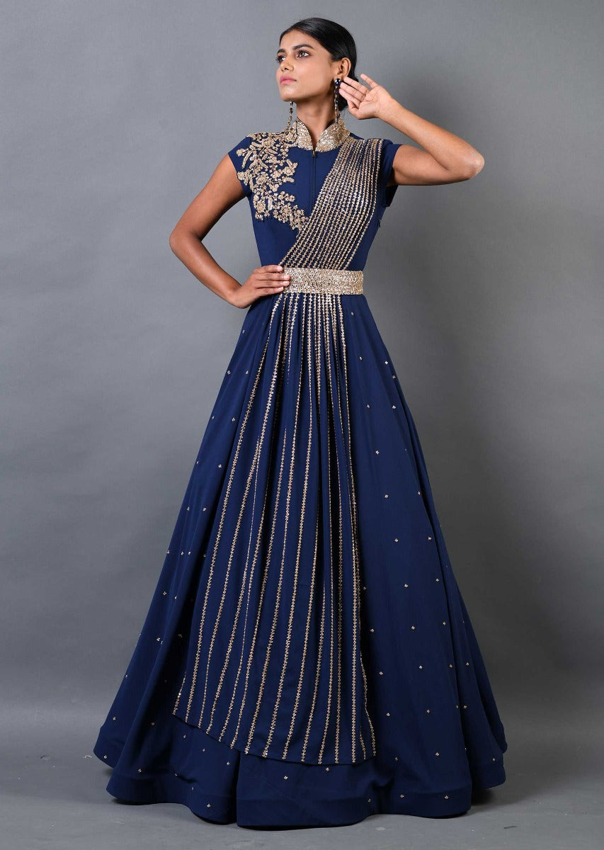 Navy Blue Indowestern Gown With Embellished Pleated Drape