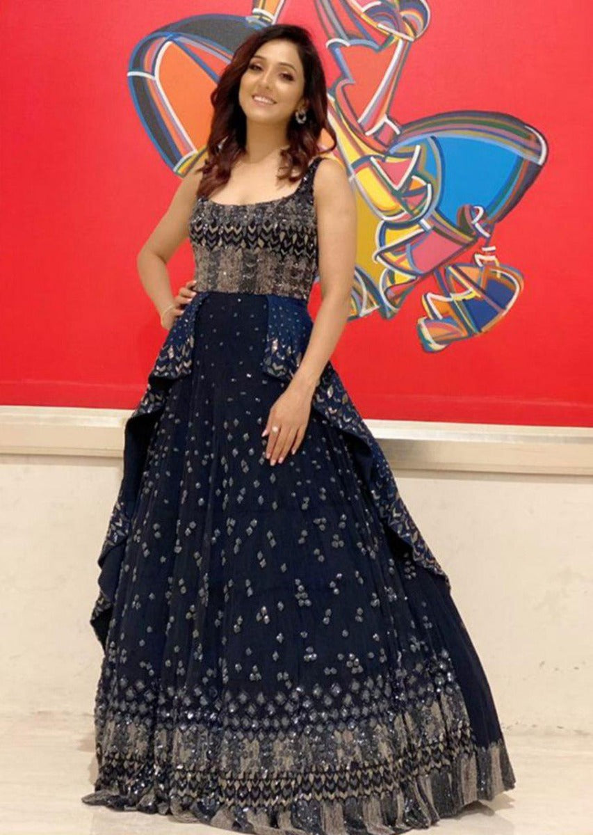 Neeti Mohan In Organic Blue Gown In Hand Crafted Net With An Embellished Organza Drape
