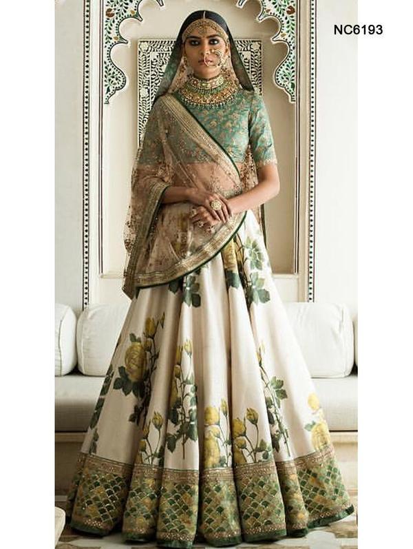 Off White & Blue Silk Floral Bollywood Lehenga Choli