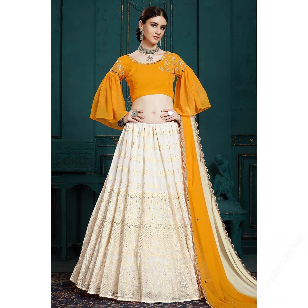 Off White Georgette Lehenga With Turmeric Yellow Choli
