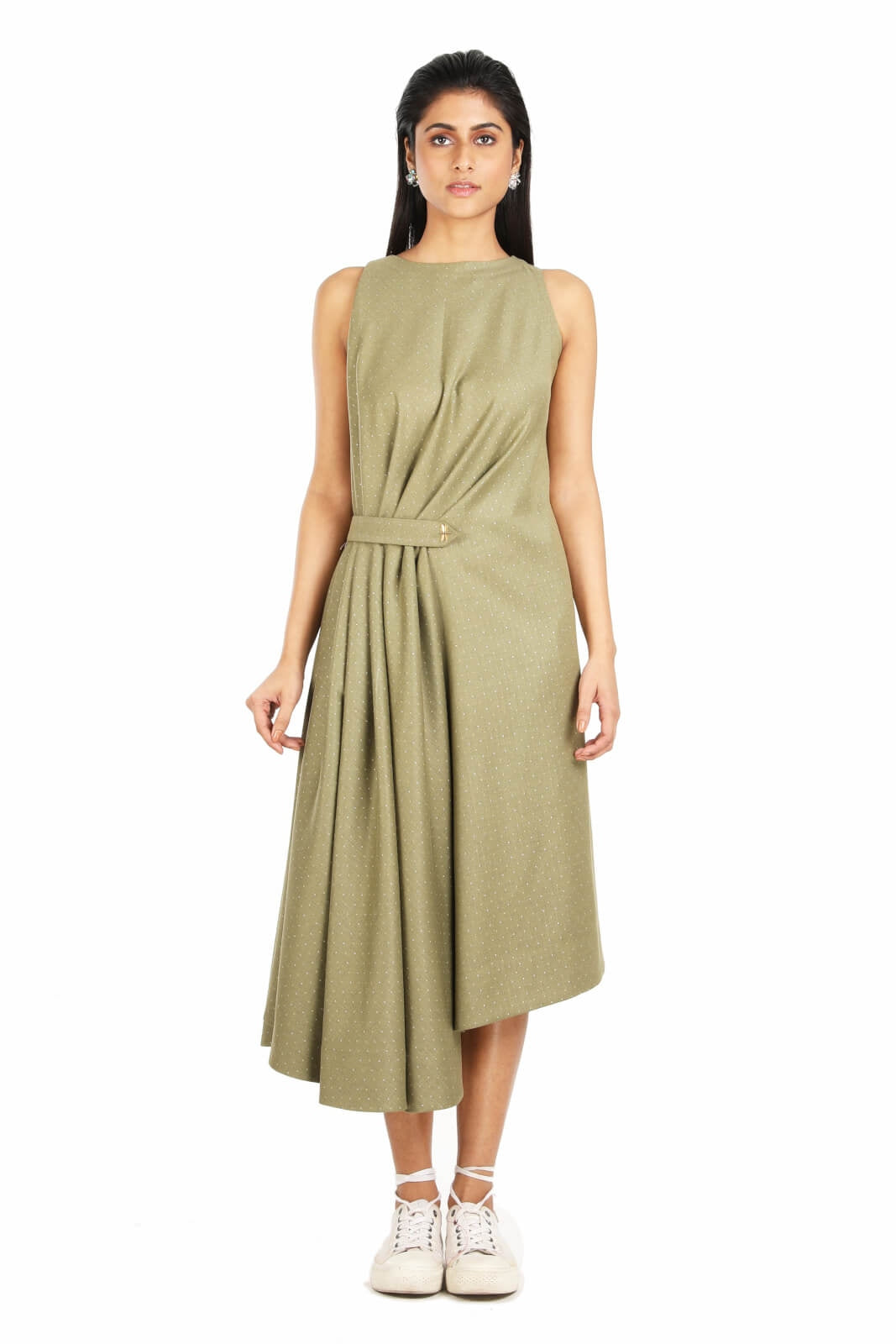 Olive Green One Sided Gathered Belt Dress