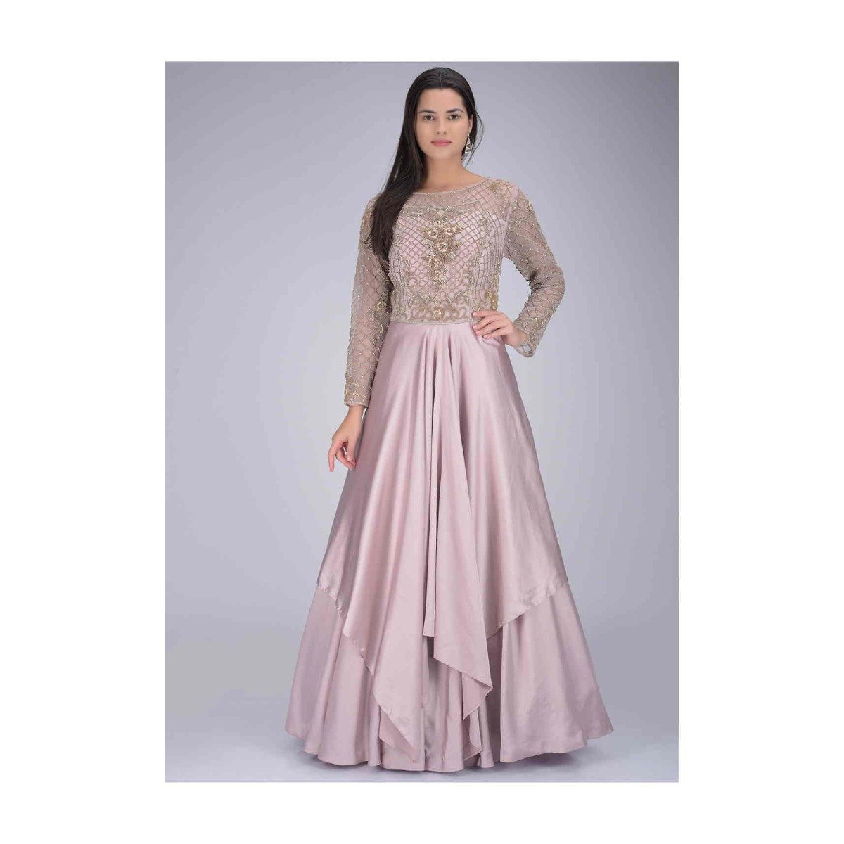 Pale lilac satin gown with embroidered net bodice