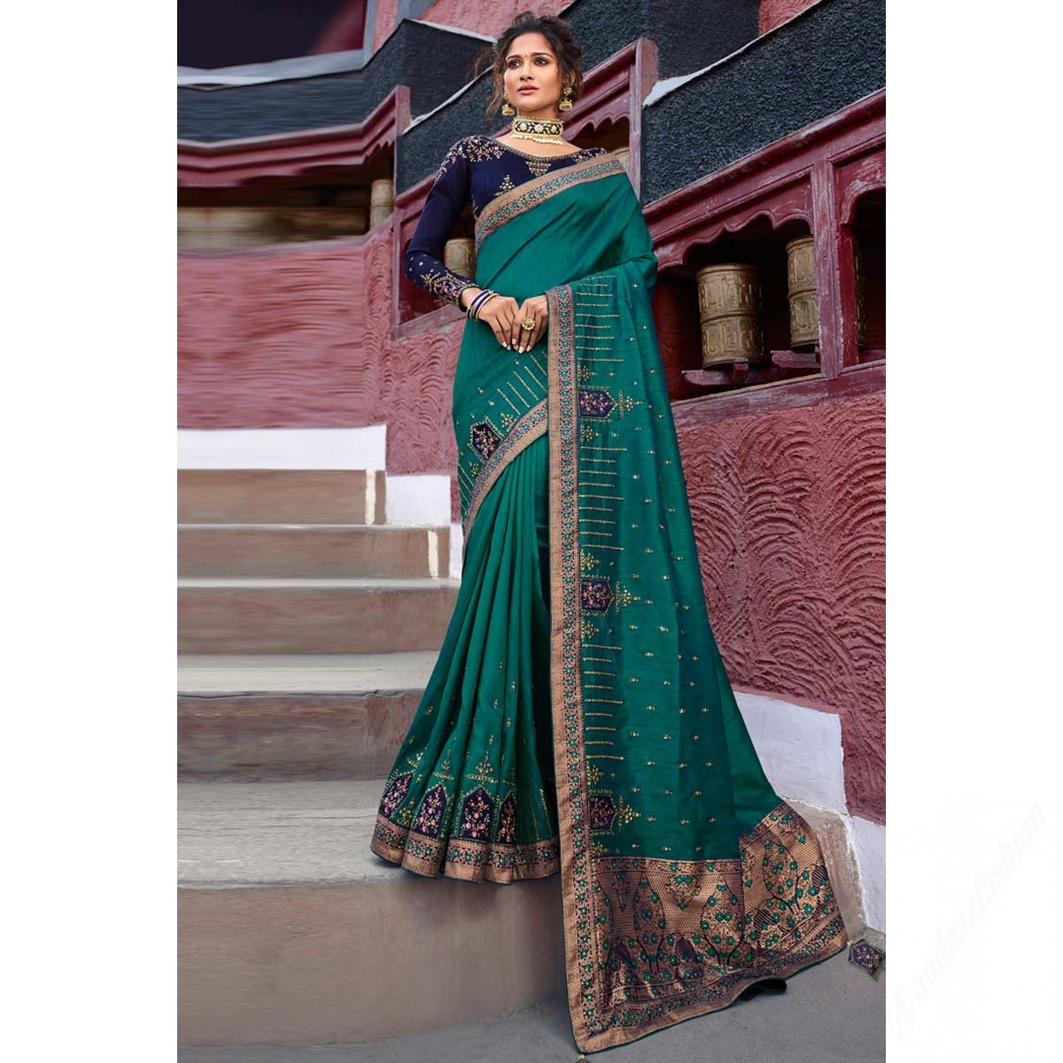 Peacock Green Raw Silk Saree With Banglori Silk Blouse