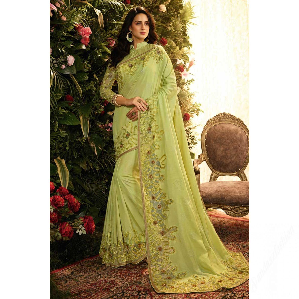 Pistachio Green Raw Silk Saree With Raw Silk Blouse