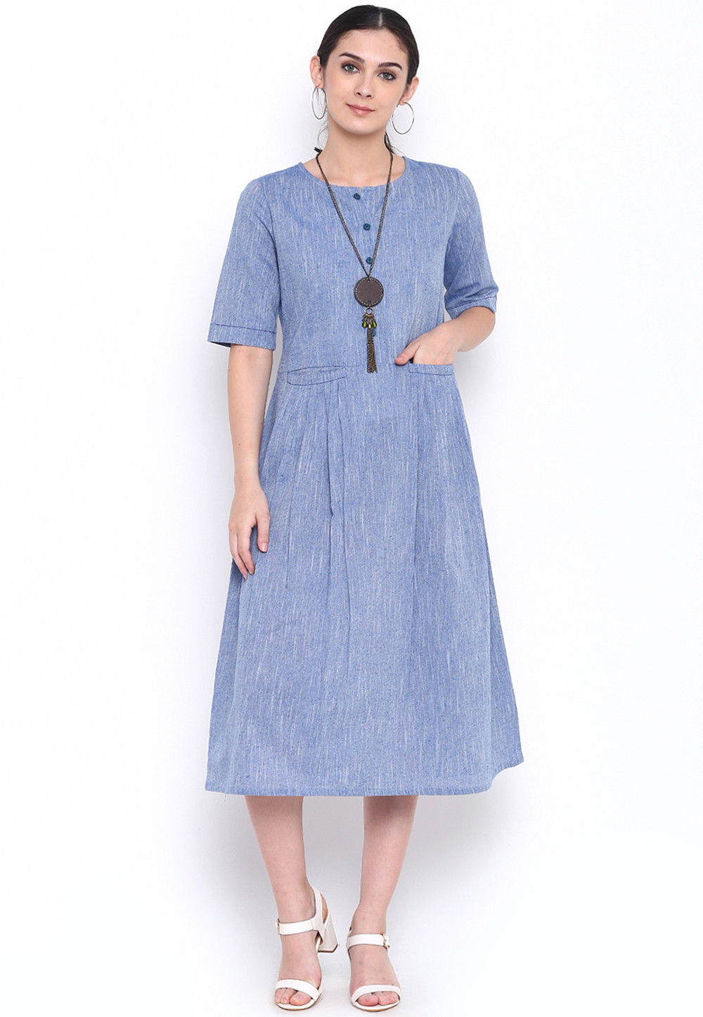 Plain Cotton Gathered Dress in Blue