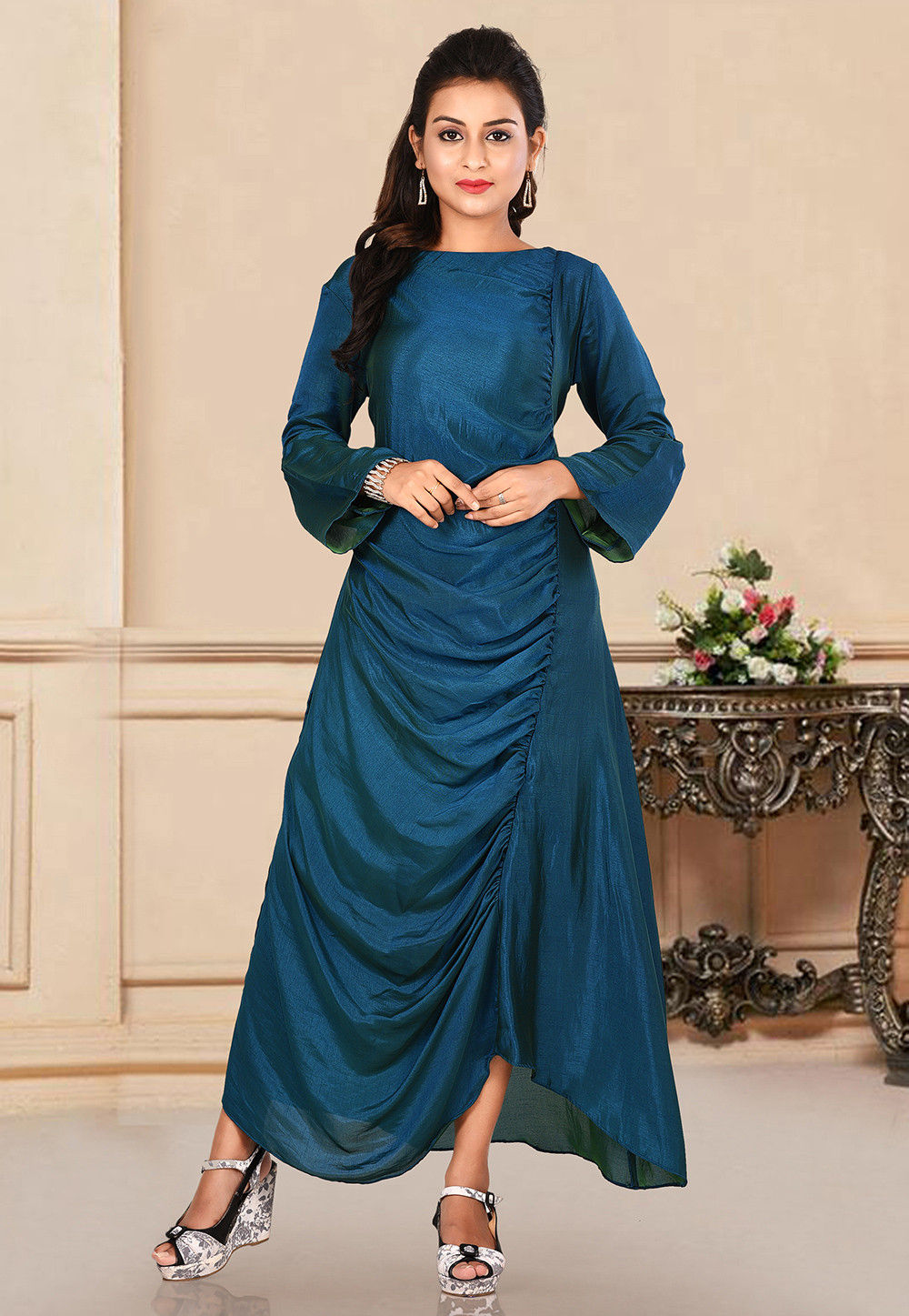 Plain Satin Georgette Gown in Blue and Green Dual Tone