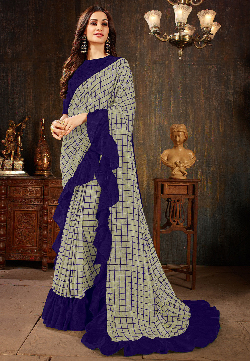 Printed Art Silk Ruffled Saree in Grey and Violet