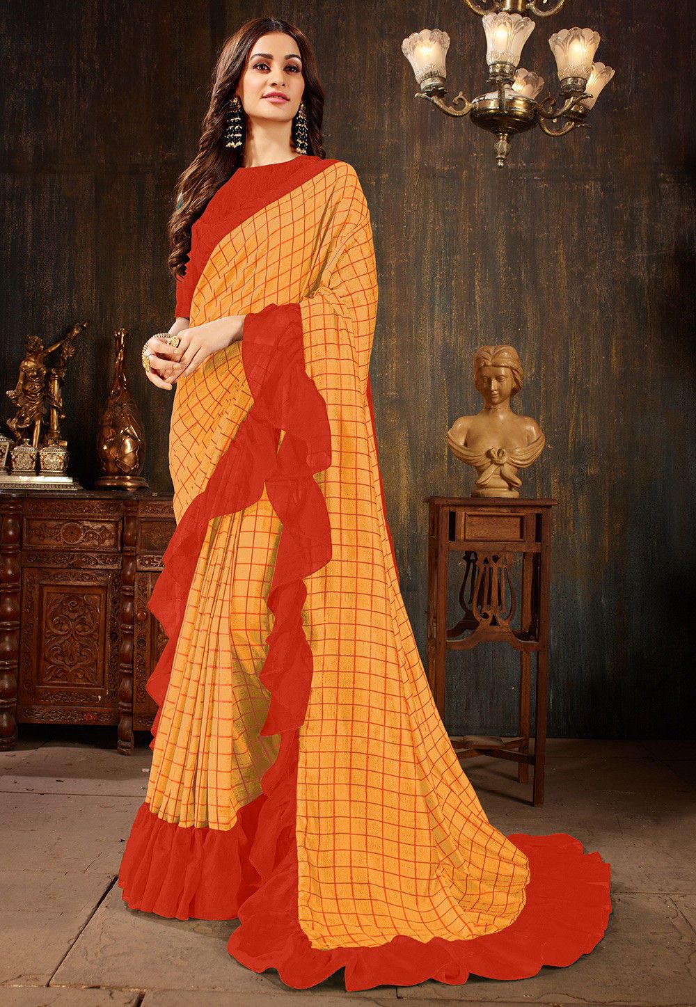 Printed Art Silk Ruffled Saree in Orange and Red