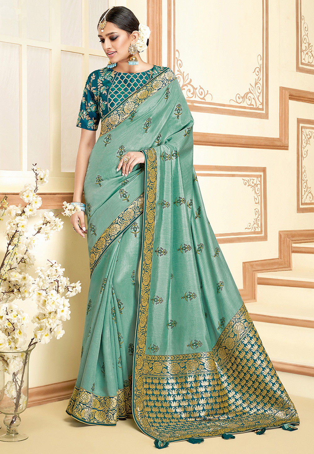 Printed Art Silk Saree in Dusty Green