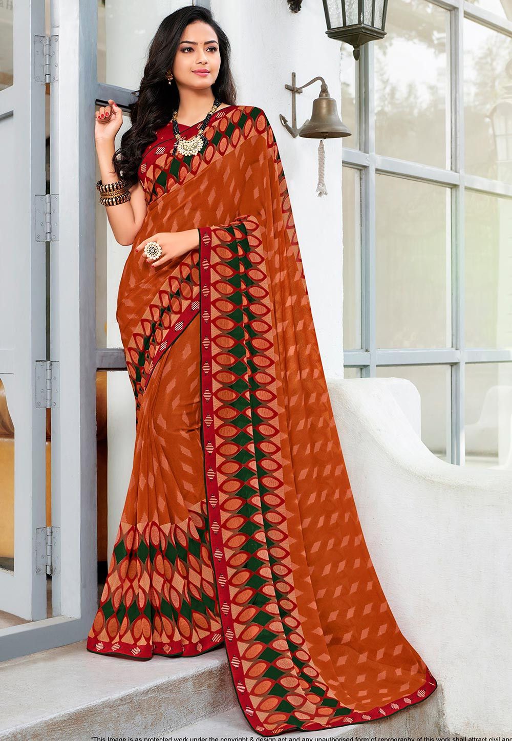 Printed Georgette Saree in Rust