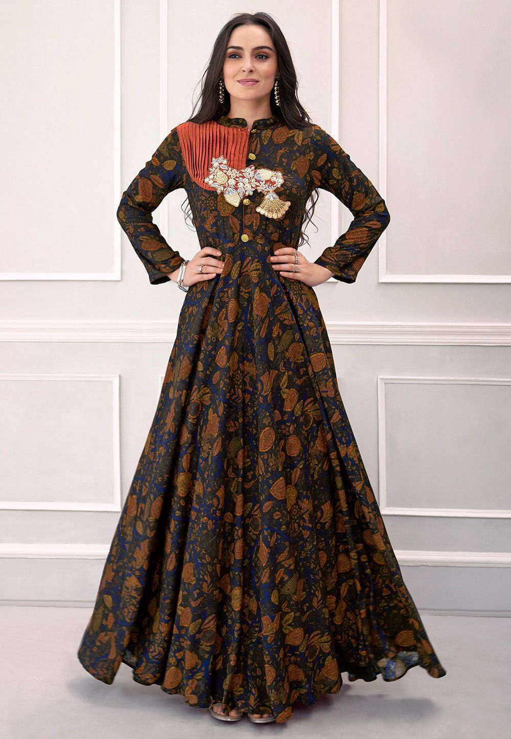 Printed Rayon Flared Gown in Multicolor
