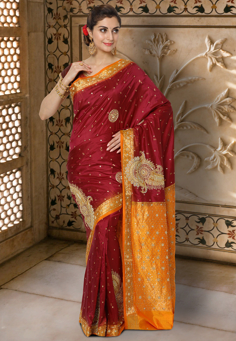 Pure Kanchipuram Silk Hand Embroidered Saree in Maroon