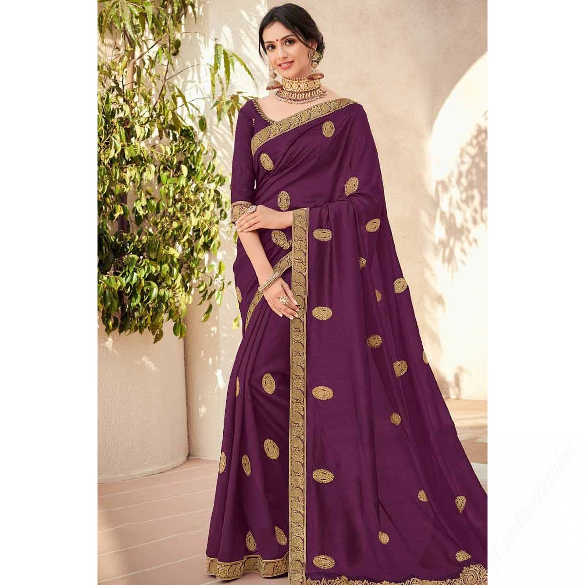 Purple Silk Saree With Raw Silk Blouse