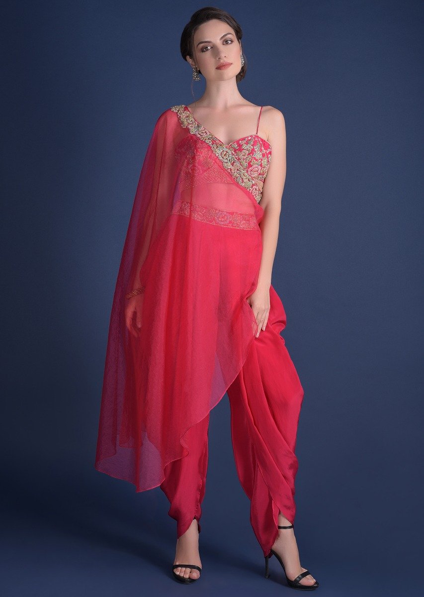 Fuschia Rose Crop Top And Dhoti Pants With Embossed Embroidery And Organza Cape Online