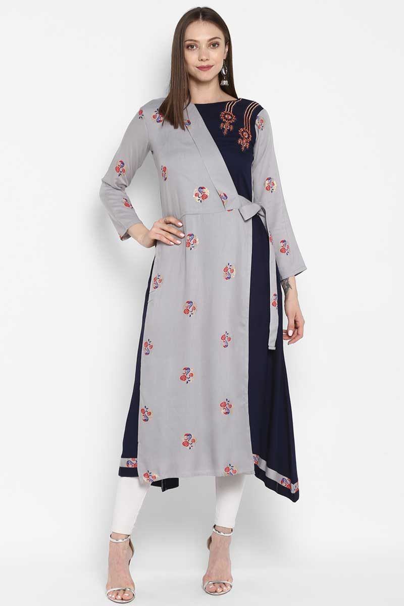 Rayon Designer Anarkali Kurti Grey And Navy Blue