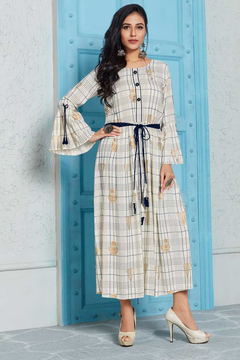 Rayon Designer Kurti Off White Color With Printed Work