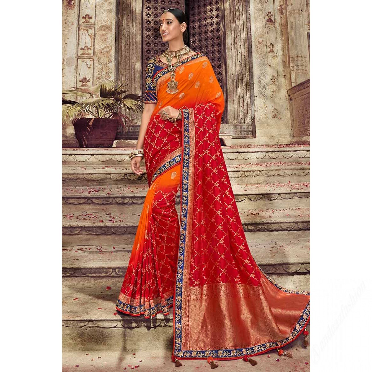 Red And Orange Silk Saree With Banglori Silk Blouse