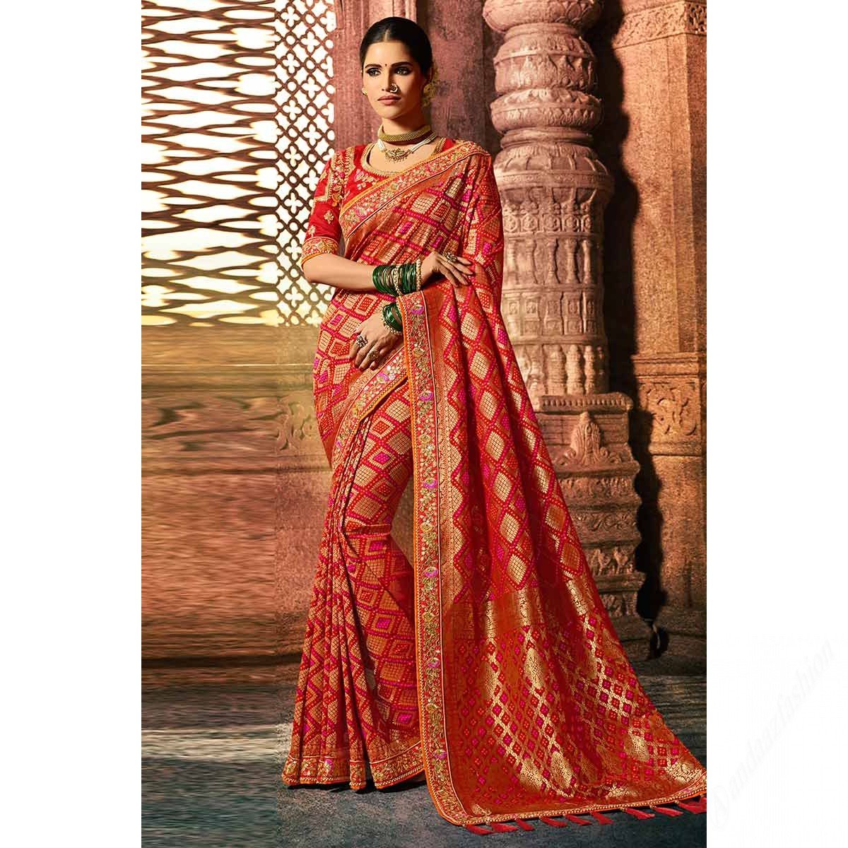 Red Banarasi Silk Saree With Banglori Silk Blouse