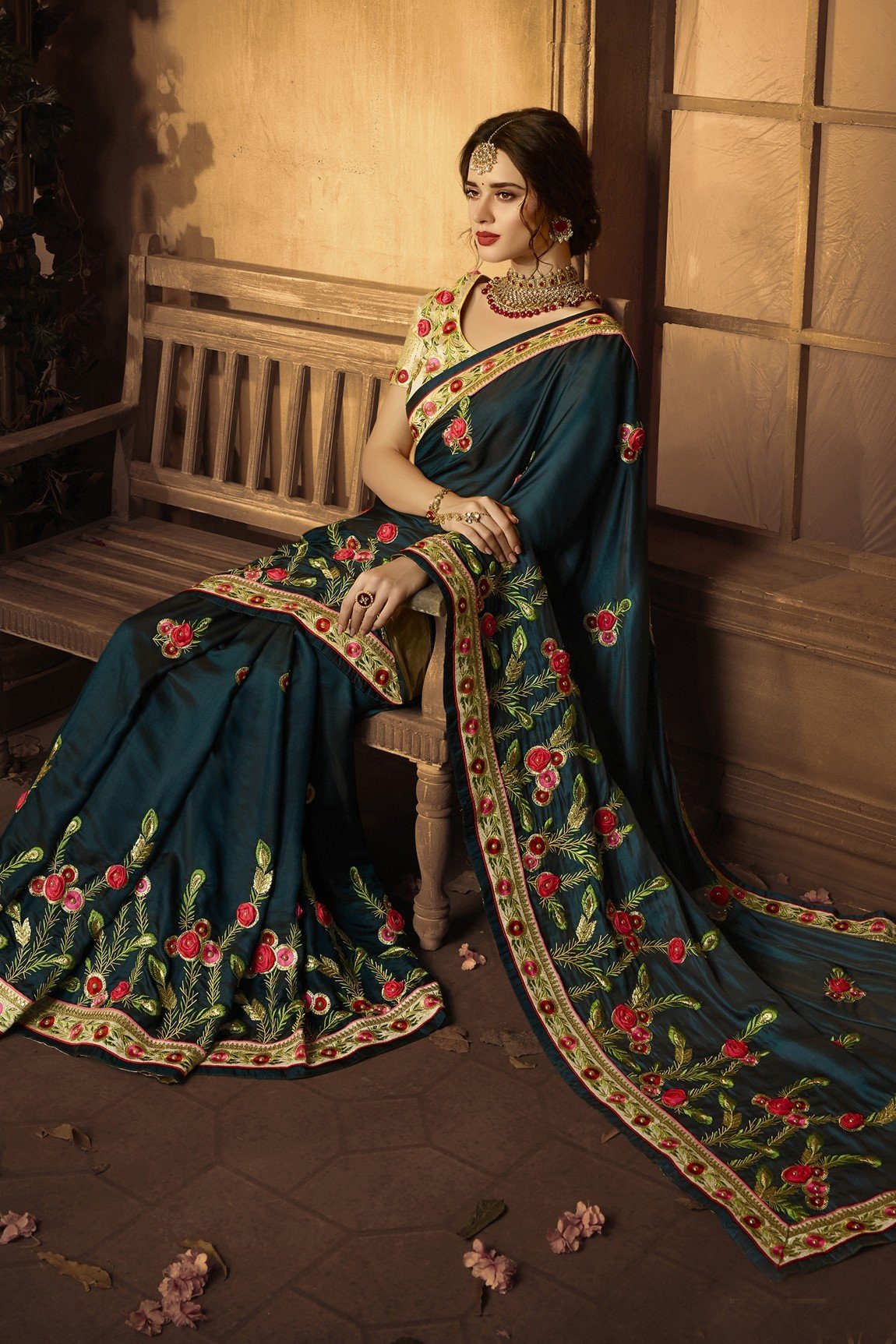 Dark Green Silk Zari Resham Embroidered Designer Saree with Blouse Piece