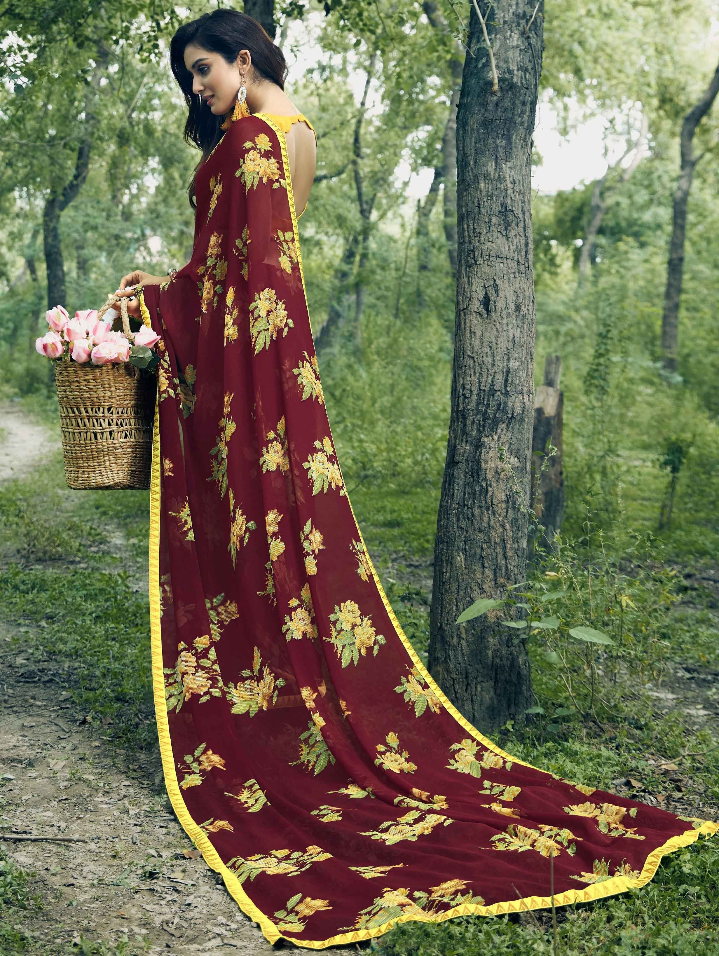Maroon Chiffon Floral Printed Saree
