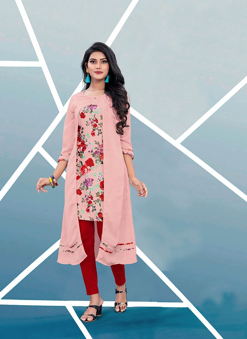 Satin Print Party Wear Kurti In Pink