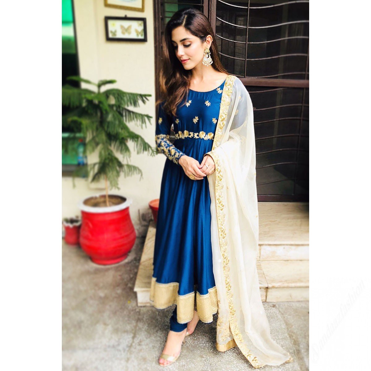 Silk Prussian Blue Anarkali Suit With Zari Work