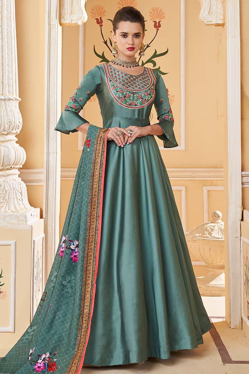 Silk Wedding Anarkali Suit In Sage Green Colour