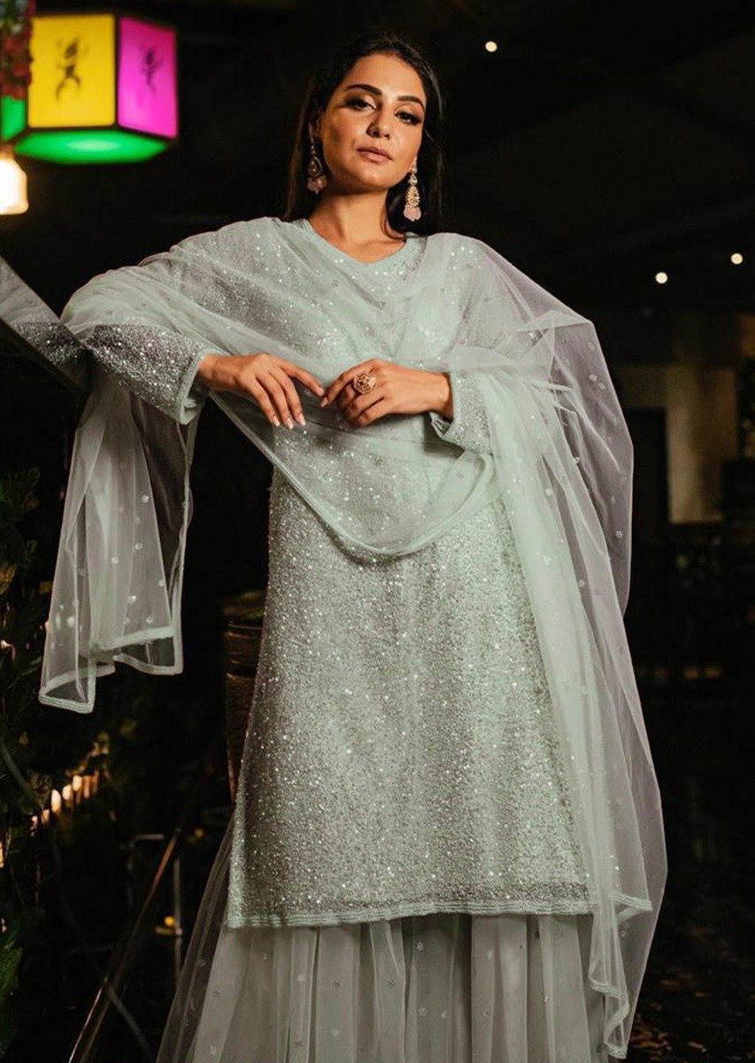 Simmy Goraya In Light Green Sharara Suit In Sequins Embellished Net
