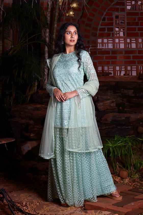 Seafoam Green Sequins Embroidered Net Palazzo Suit