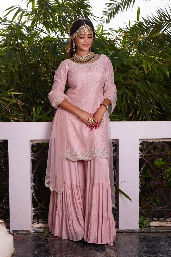 Dust Pink Tussar Silk Palazzo Suit