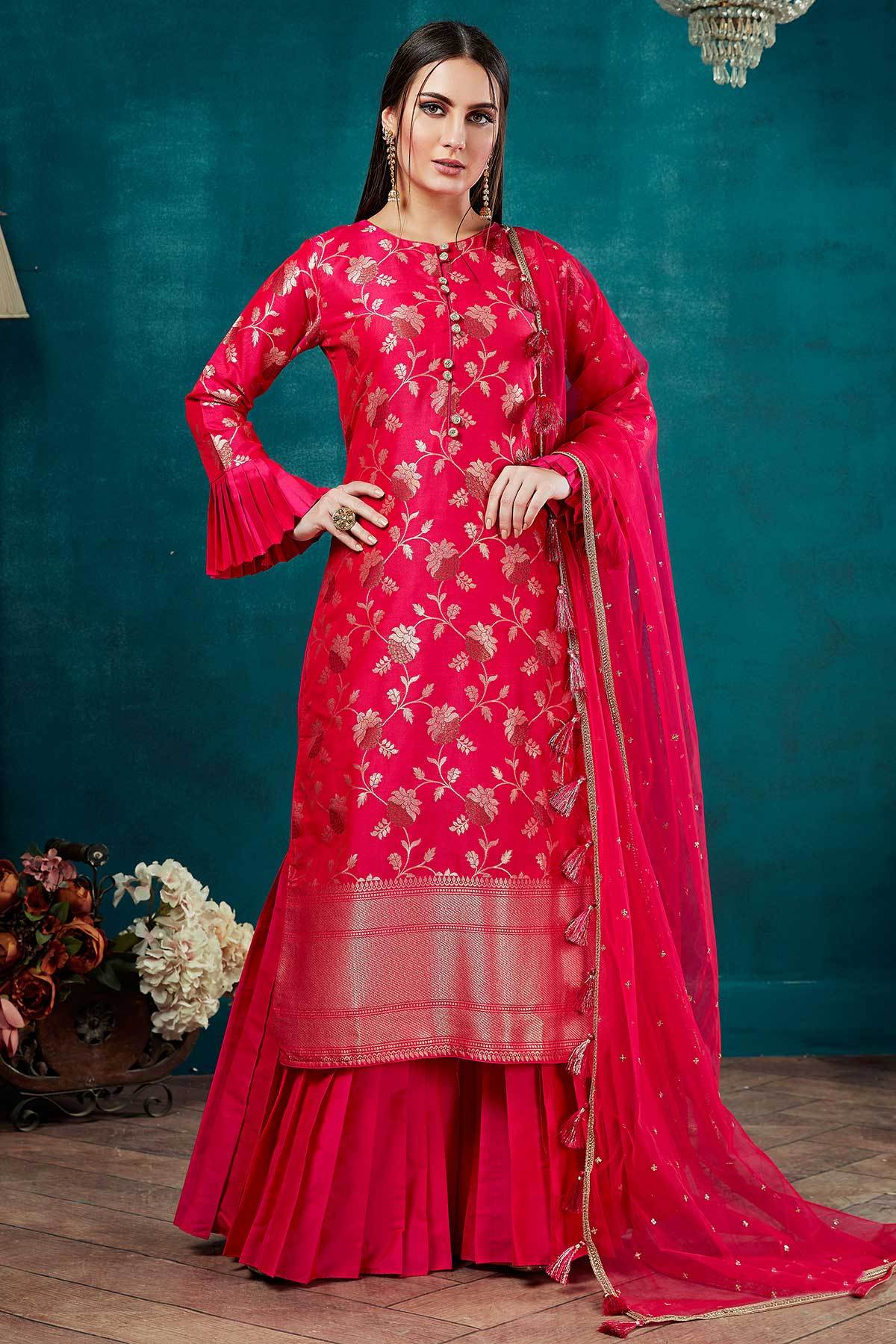 Shocking Pink Zari woven Silk Palazzo Suit