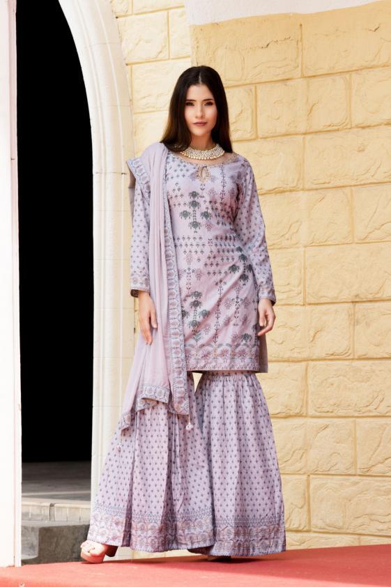 Rosequartz Grey Stone Embroidered Silk Designer Salwar