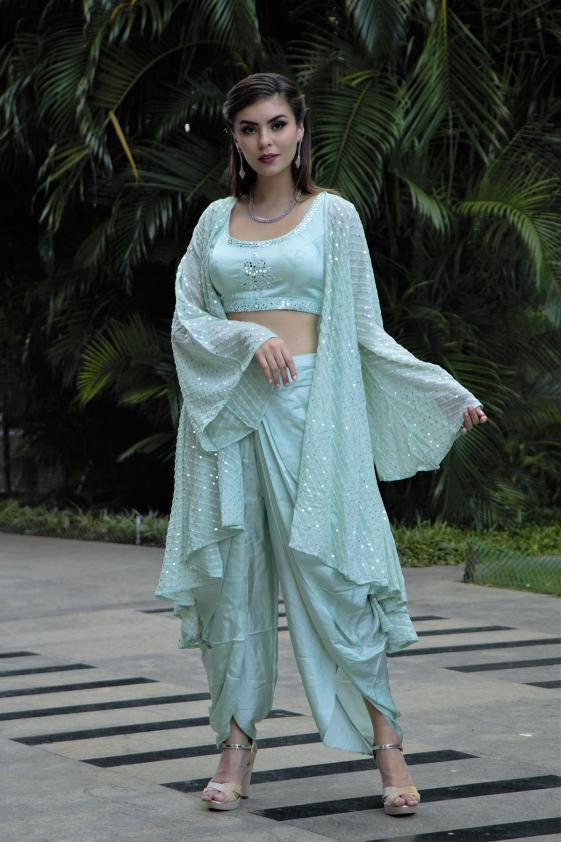 Pastel Green Thread Embroidered Satin Designer Salwar